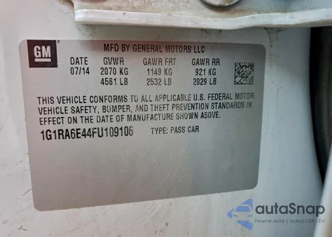 2015 Chevrolet Volt z USA, uszkodzony, nr VIN 1G1RA6E44FU109106